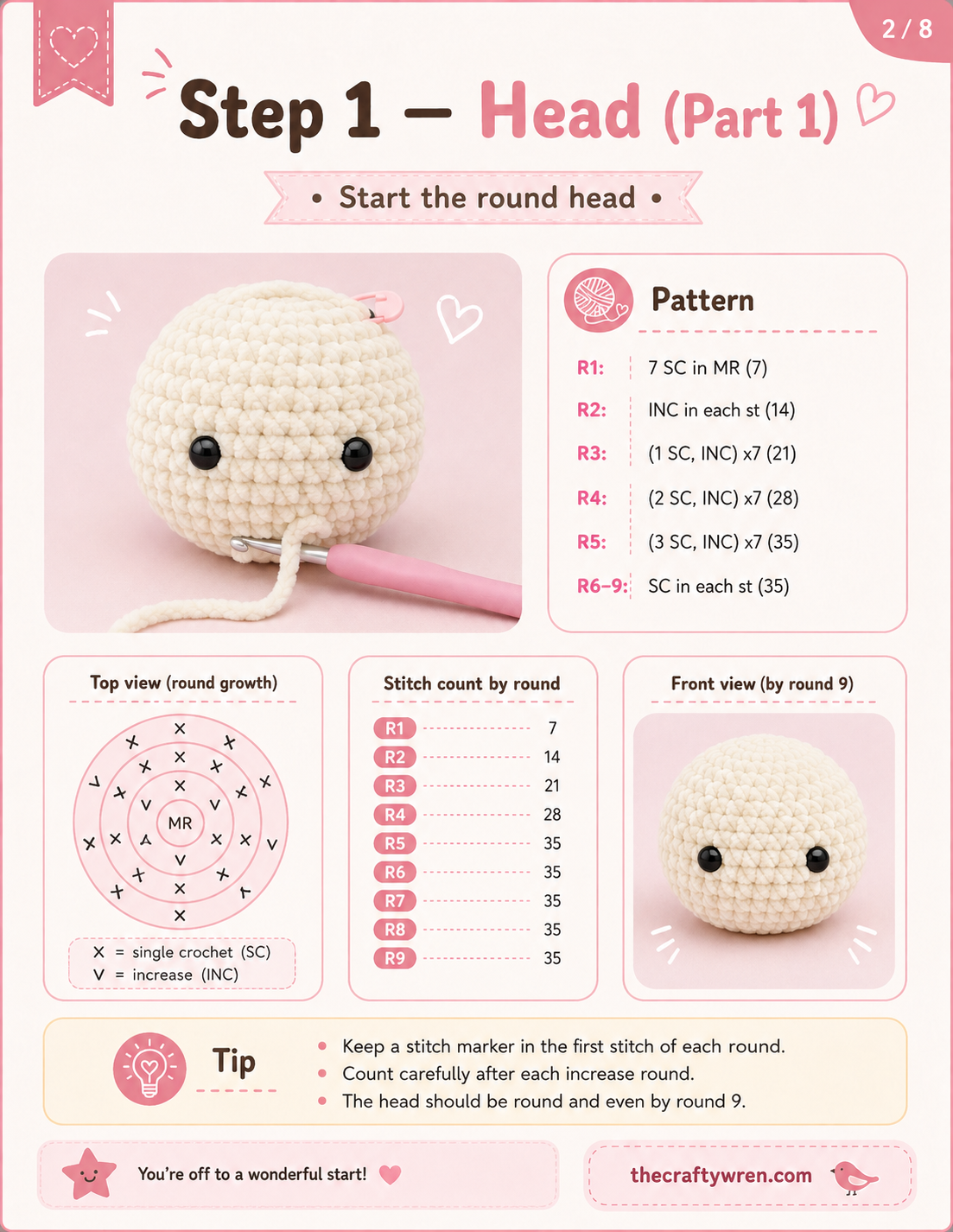 Starting the round head in this crochet bunny amigurumi pattern with single crochet increases