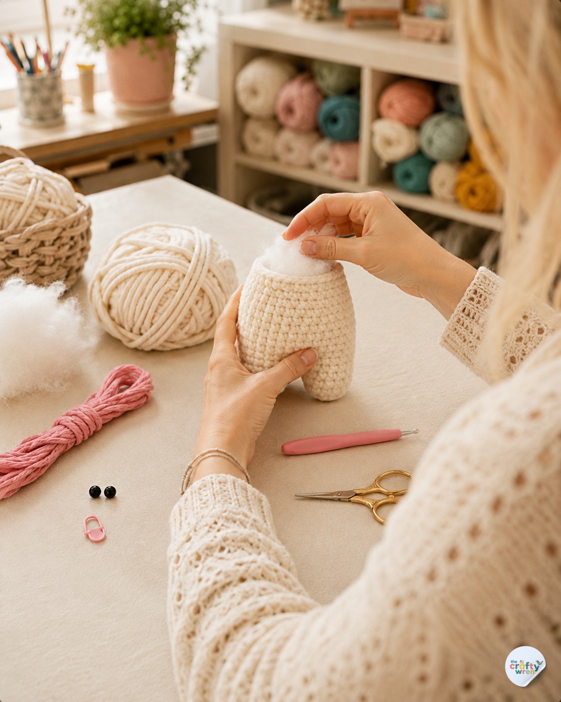 Stuffing the torso firmly by hand for this crochet bunny amigurumi pattern