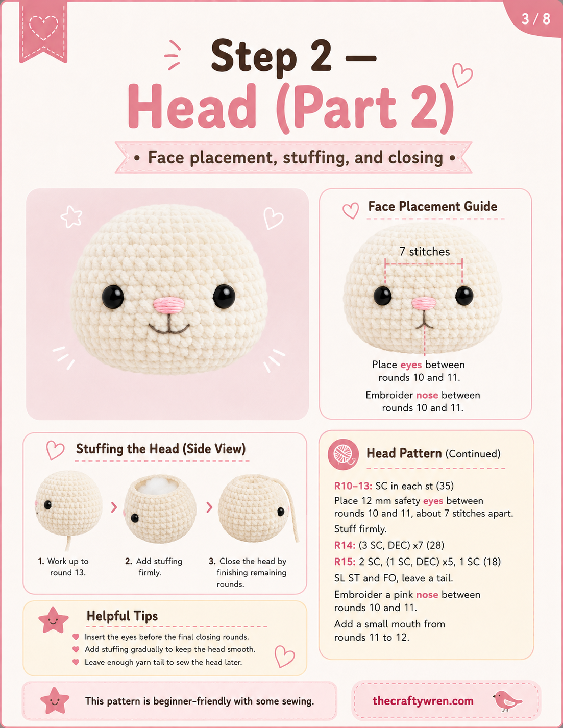 Finished bunny face with embroidered nose, a key step in this crochet bunny amigurumi pattern