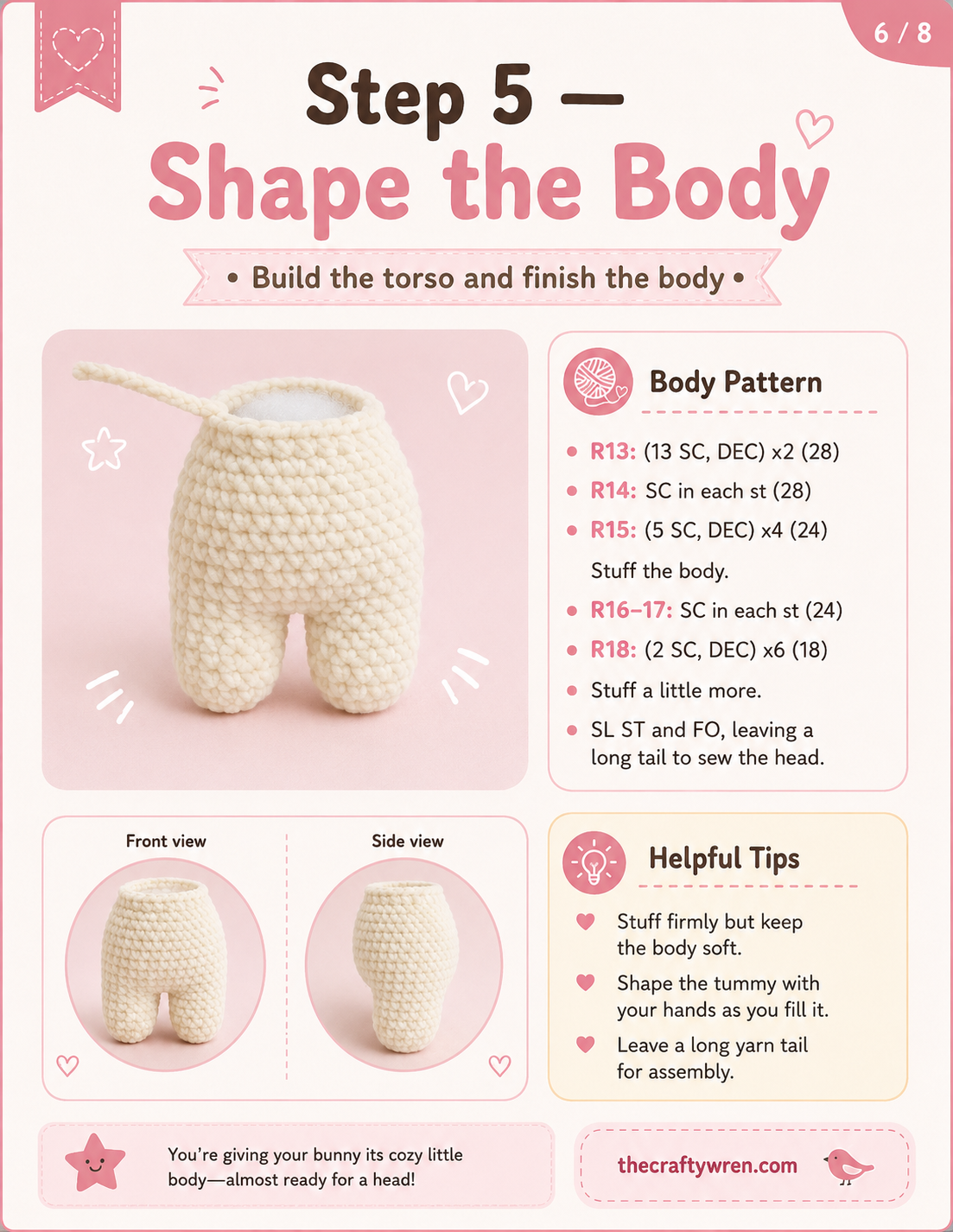 Shaping the stuffed torso and legs together in this crochet bunny amigurumi pattern