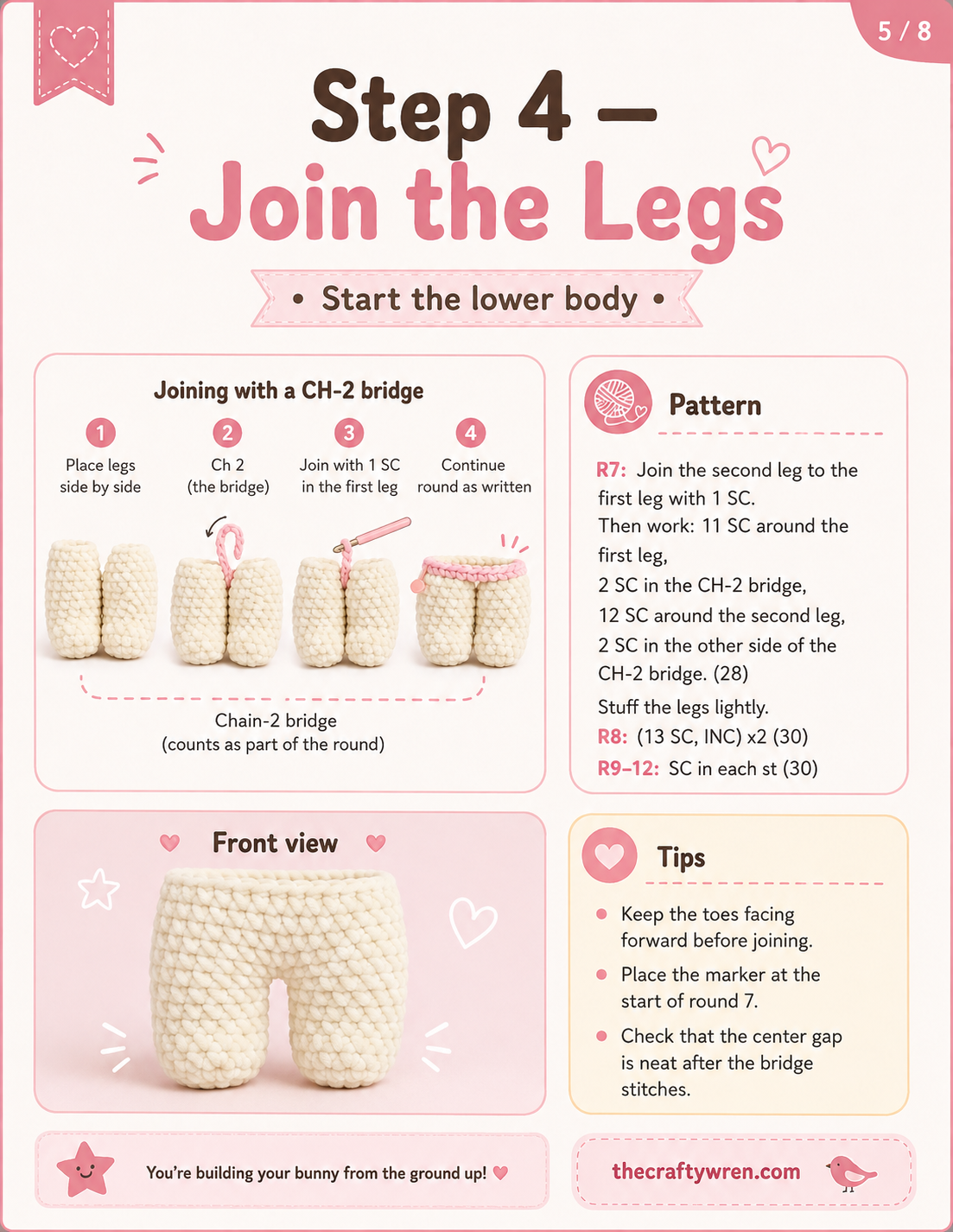 Joining the legs with a chain-two bridge to begin the body in this crochet bunny amigurumi pattern
