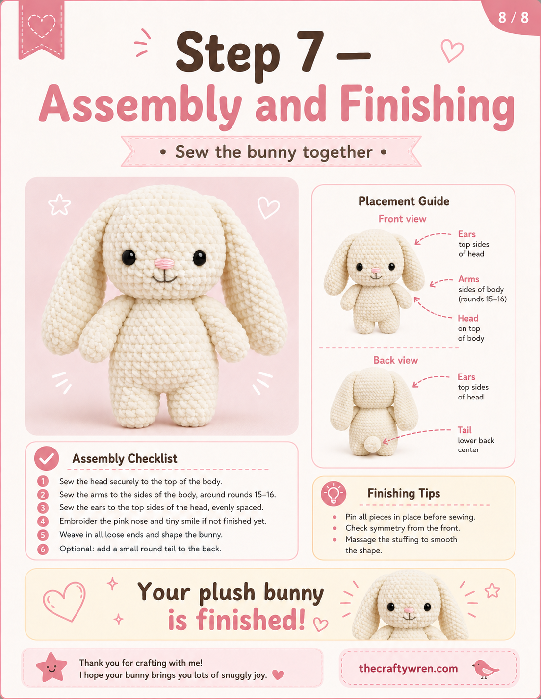 The finished plush bunny assembled and ready, the final result of this crochet bunny amigurumi pattern