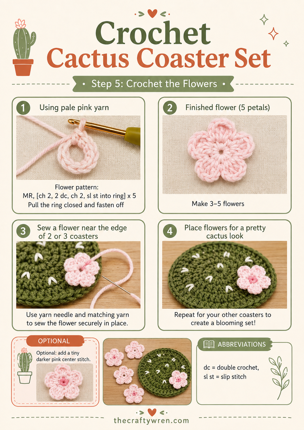 Crocheting a five-petal pale pink flower to embellish the crochet cactus coaster set