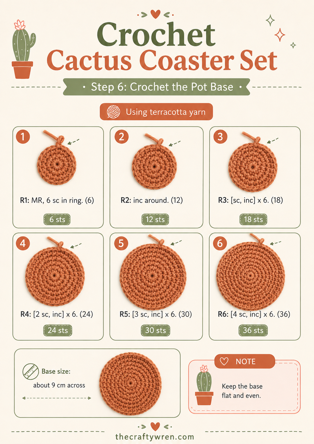 Building the terracotta base rounds for the crochet cactus pot cozy that holds the coasters