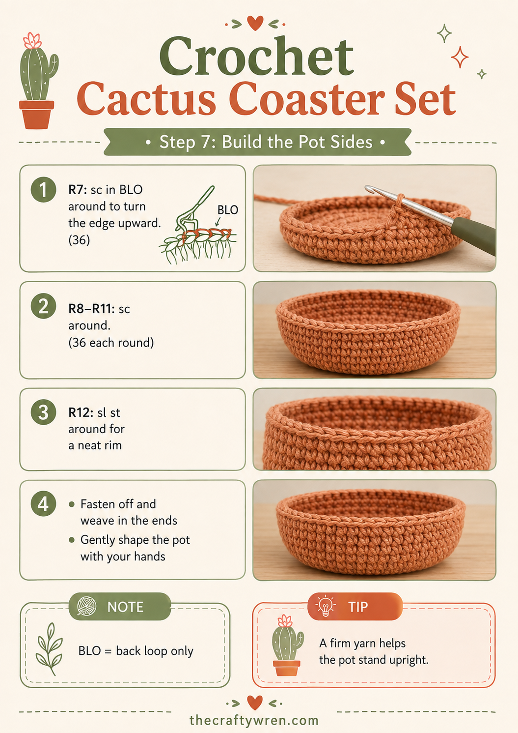 Working single crochet rounds in back loops only to raise the sides of the crochet cactus pot cozy