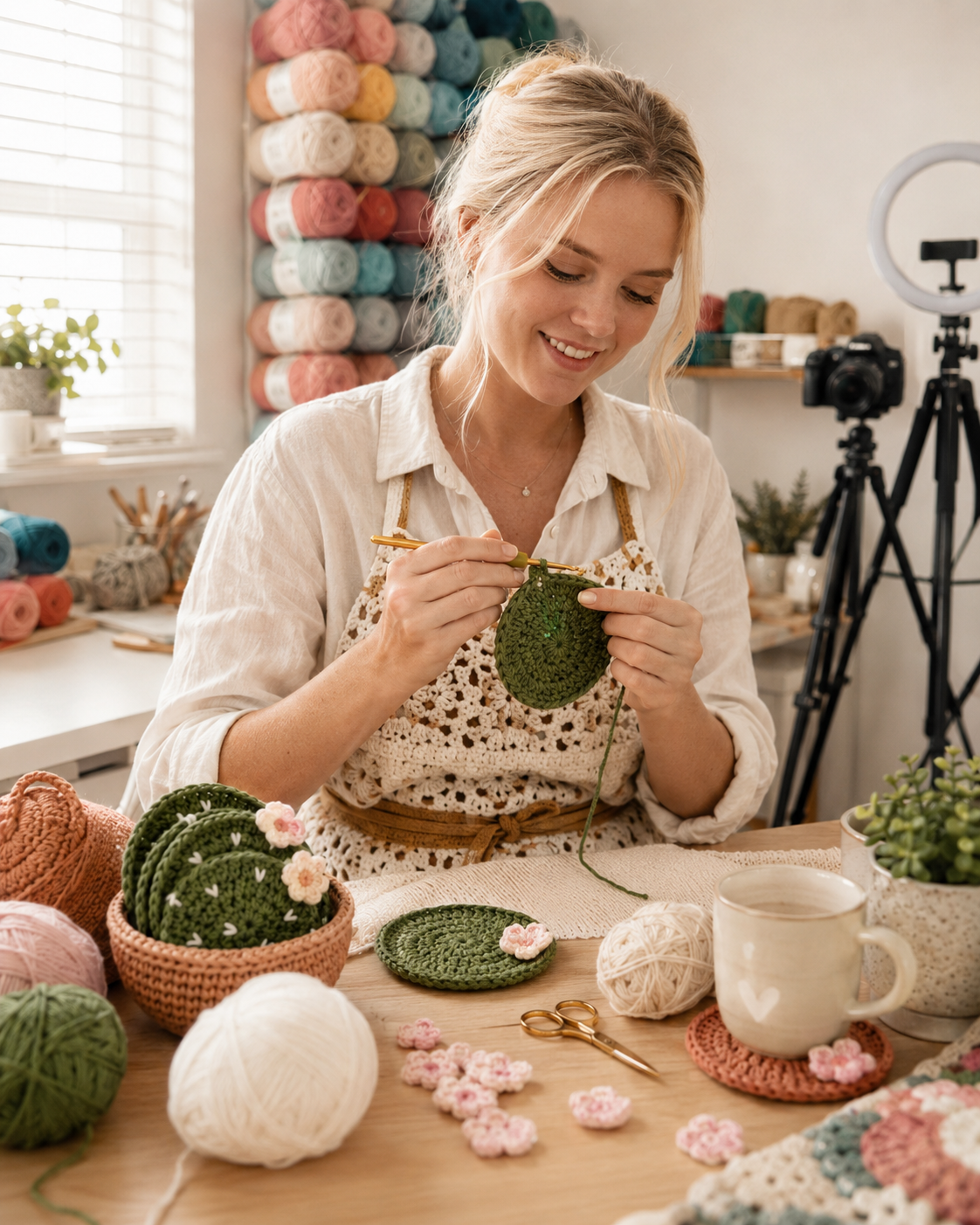 Crafter smiling while working white spine stitches into a green crochet cactus coaster at a craft table