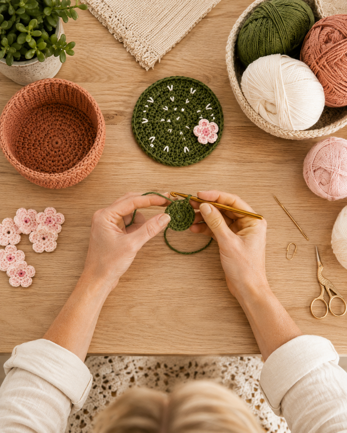 Overhead view of hands starting a new olive green crochet cactus coaster beside a finished terracotta pot