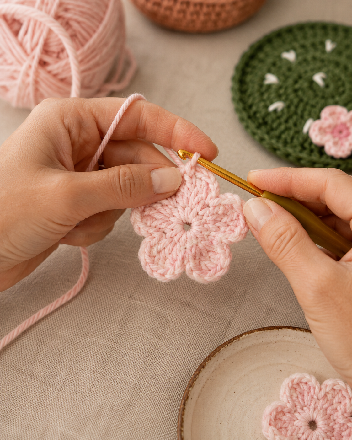 Close-up of hands crocheting a pale pink flower petal for the crochet cactus pot cozy coaster set