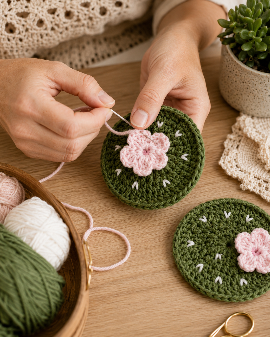 Hands sewing a pink flower onto a green crochet cactus coaster next to another finished flowered coaster