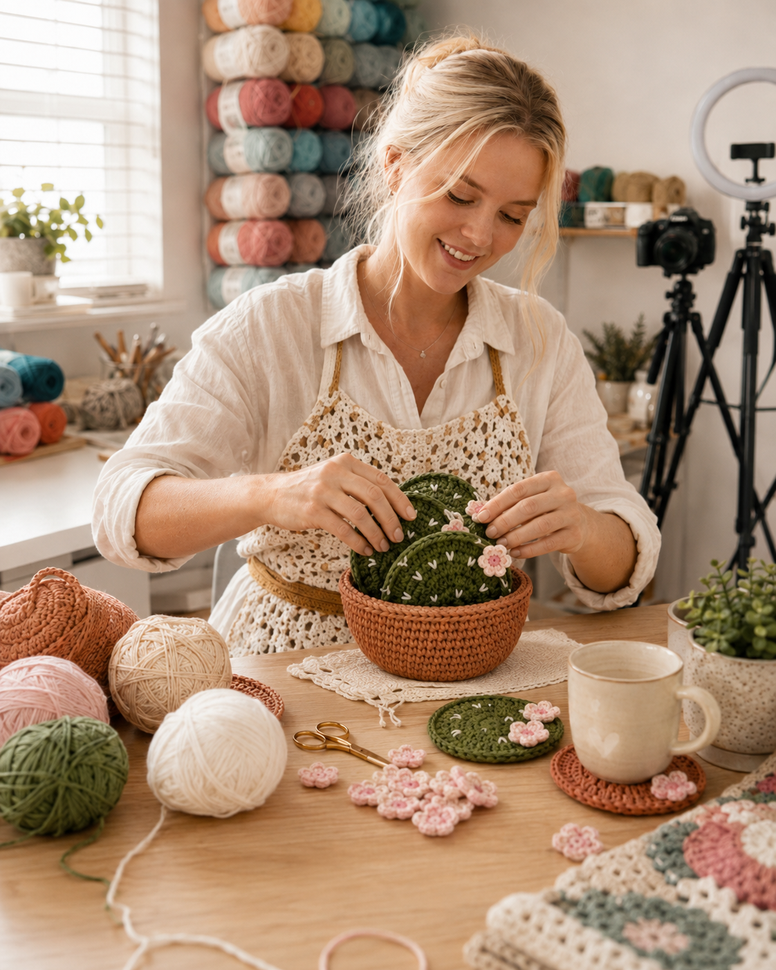Crafter arranging finished crochet cactus coasters upright inside a terracotta crochet pot cozy