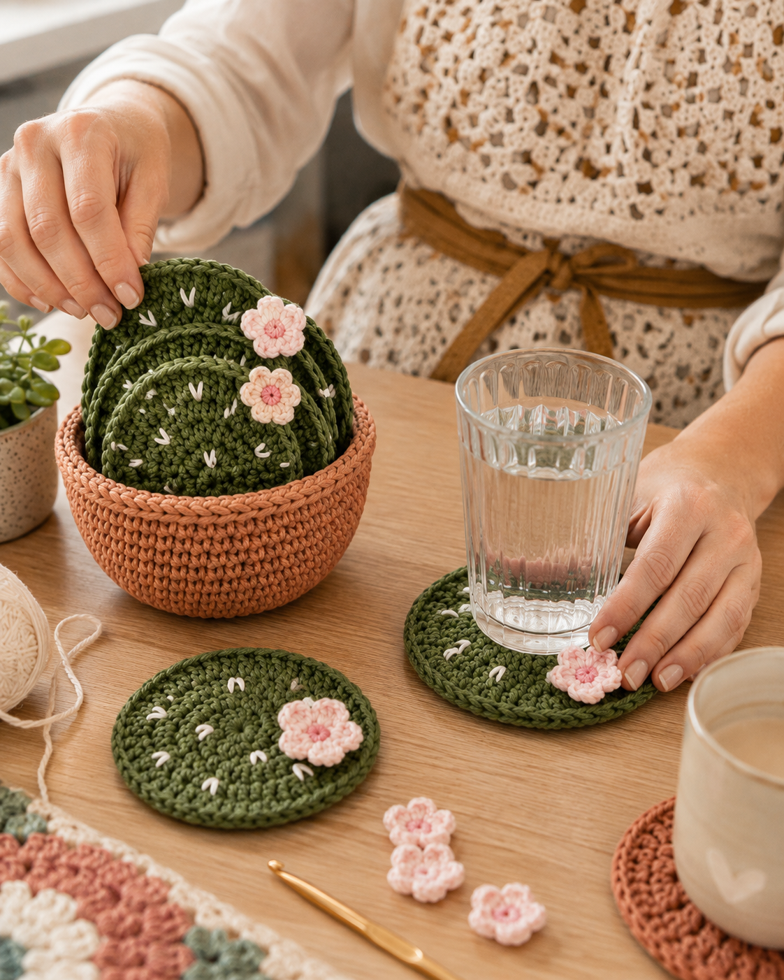 Finished crochet cactus pot cozy holding coasters with one supporting a glass on a wooden table