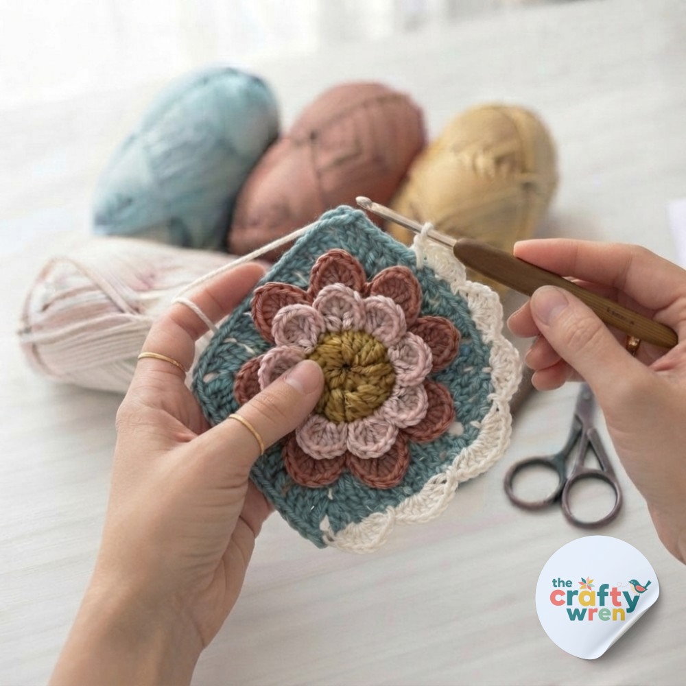 White scalloped trim being added around the edge of the crochet flower blanket pattern square