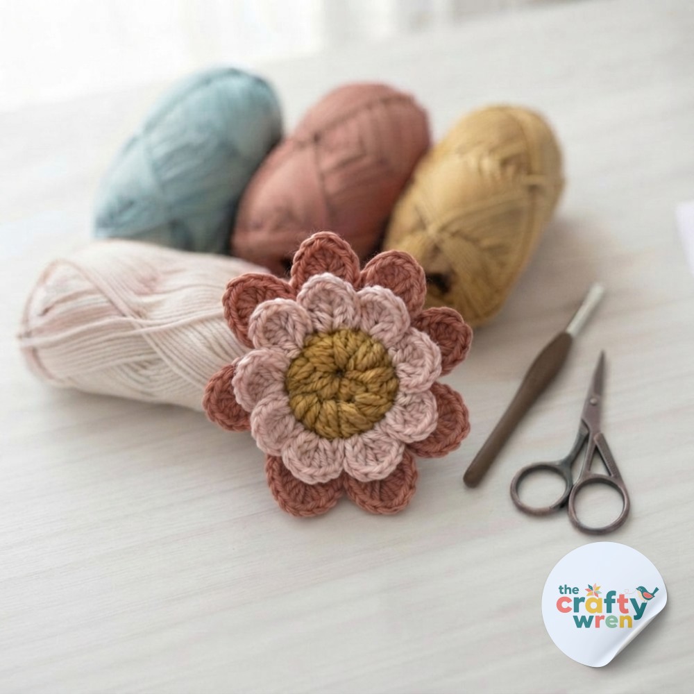 The finished three-layer dimensional flower motif resting beside unused teal yarn for the blanket square