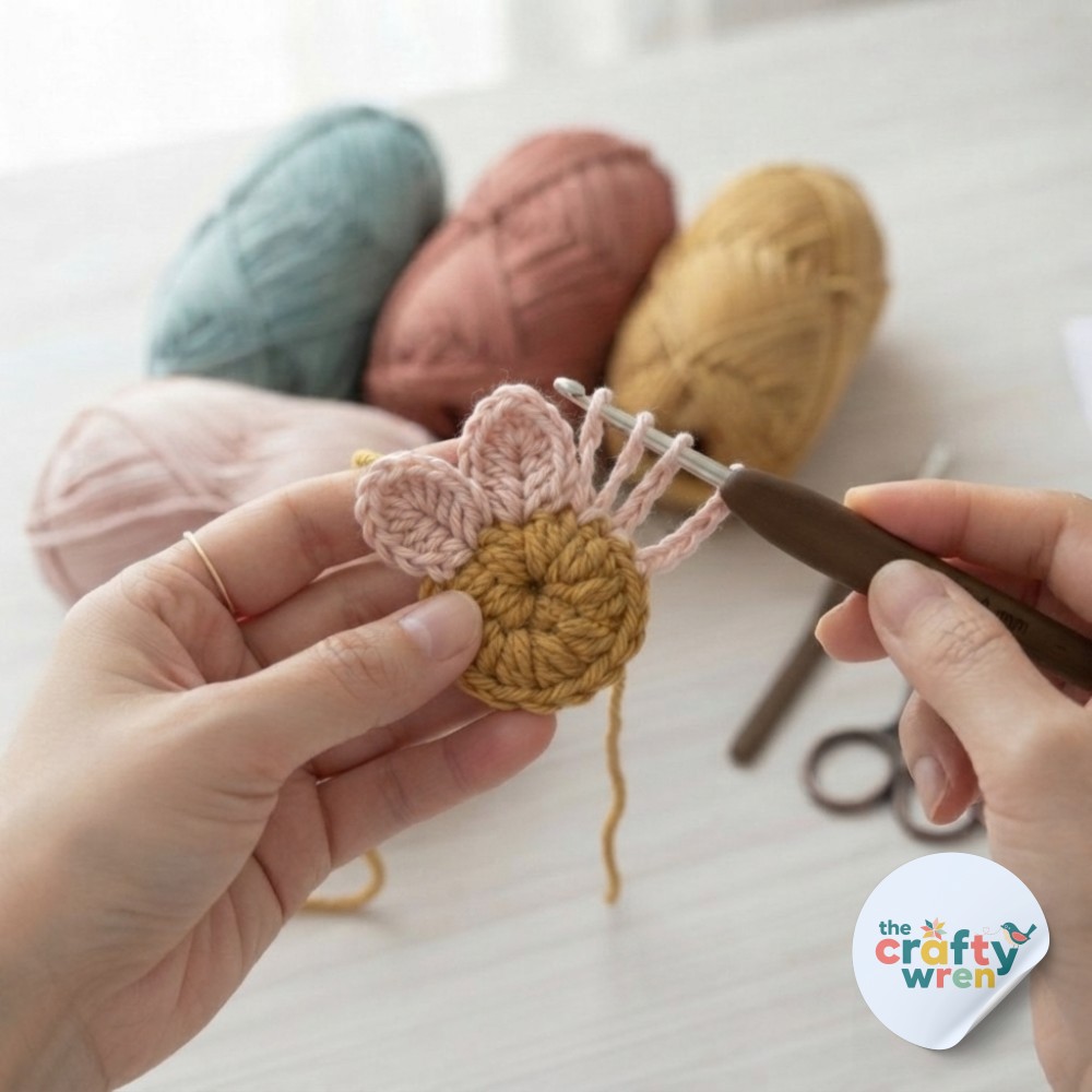 Blush-pink petals forming around a yellow center in this dimensional crochet flower blanket pattern