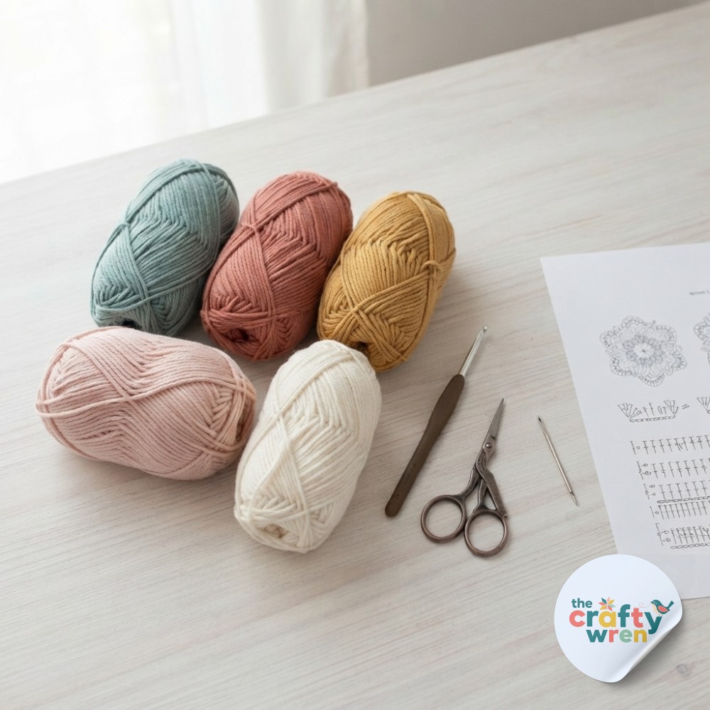 Flat-lay of yarn skeins, hook, and pattern sheet for starting a crochet flower blanket pattern square