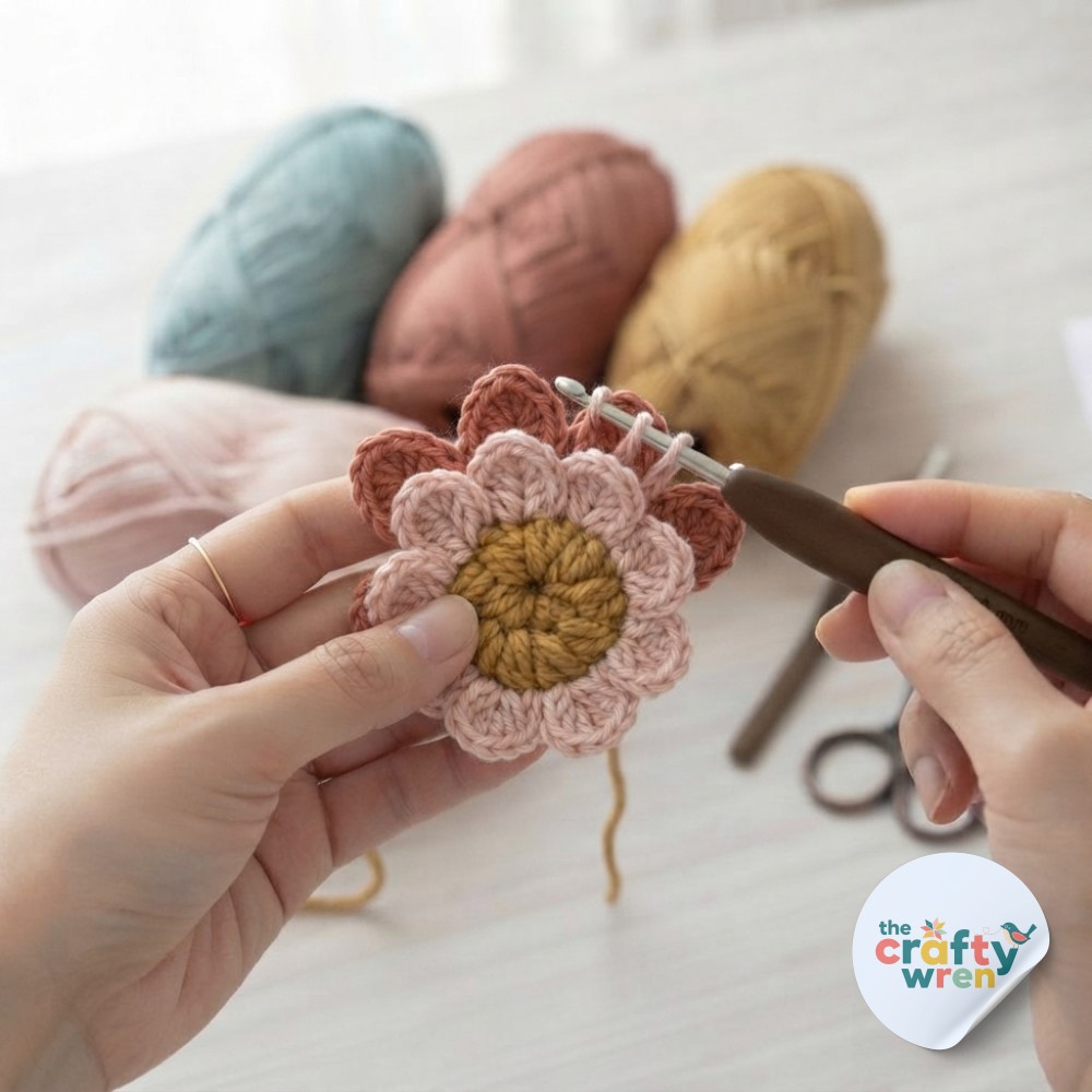 Second layer of terracotta petals being added for depth in this crochet flower blanket pattern flower