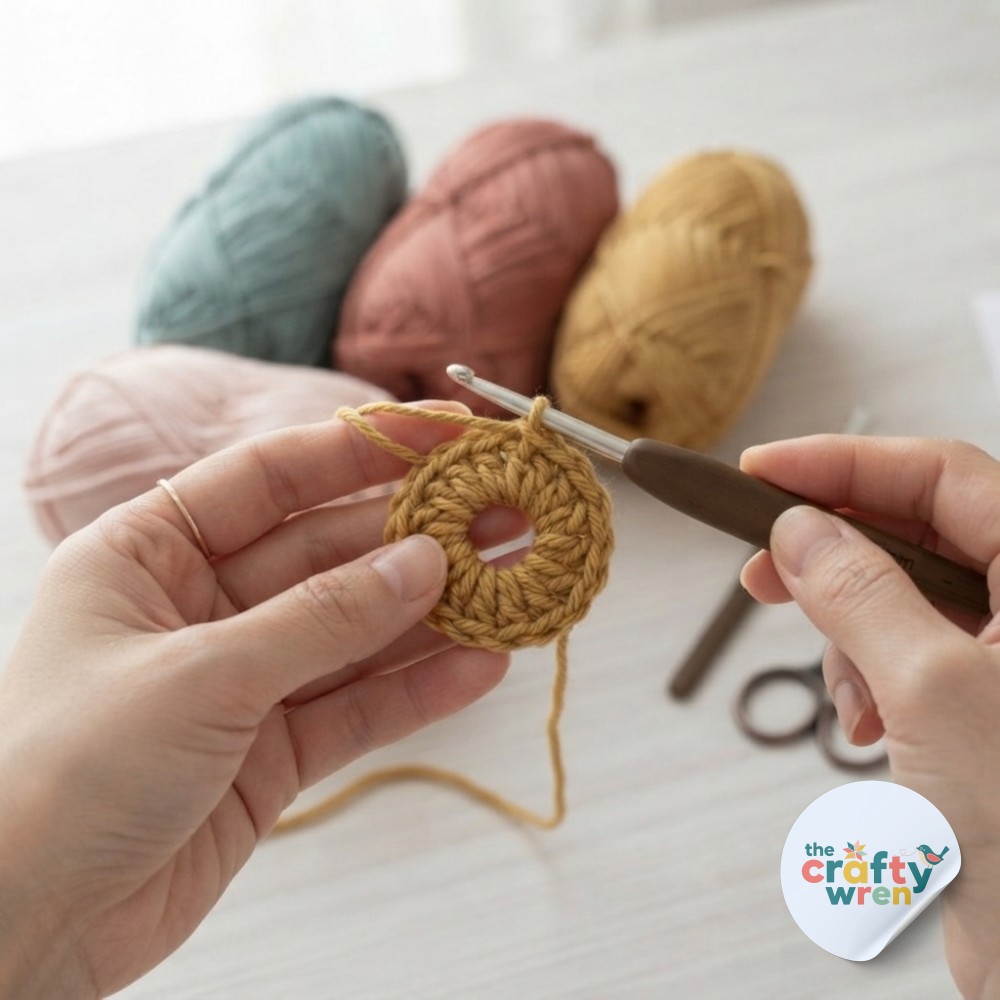 Hands crocheting a mustard magic ring, the very first step of this crochet flower blanket pattern