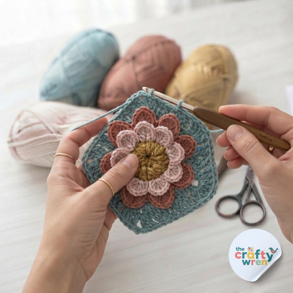 Teal granny-square rounds being crocheted behind the flower to frame this crochet blanket pattern square