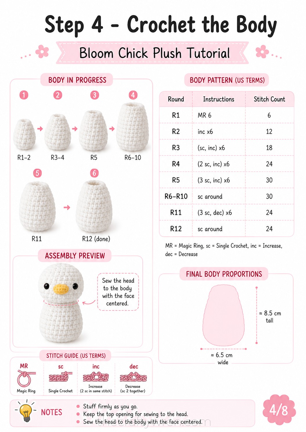 Egg-shaped white body rounds stacked to show the growth of the crochet flower duck amigurumi torso