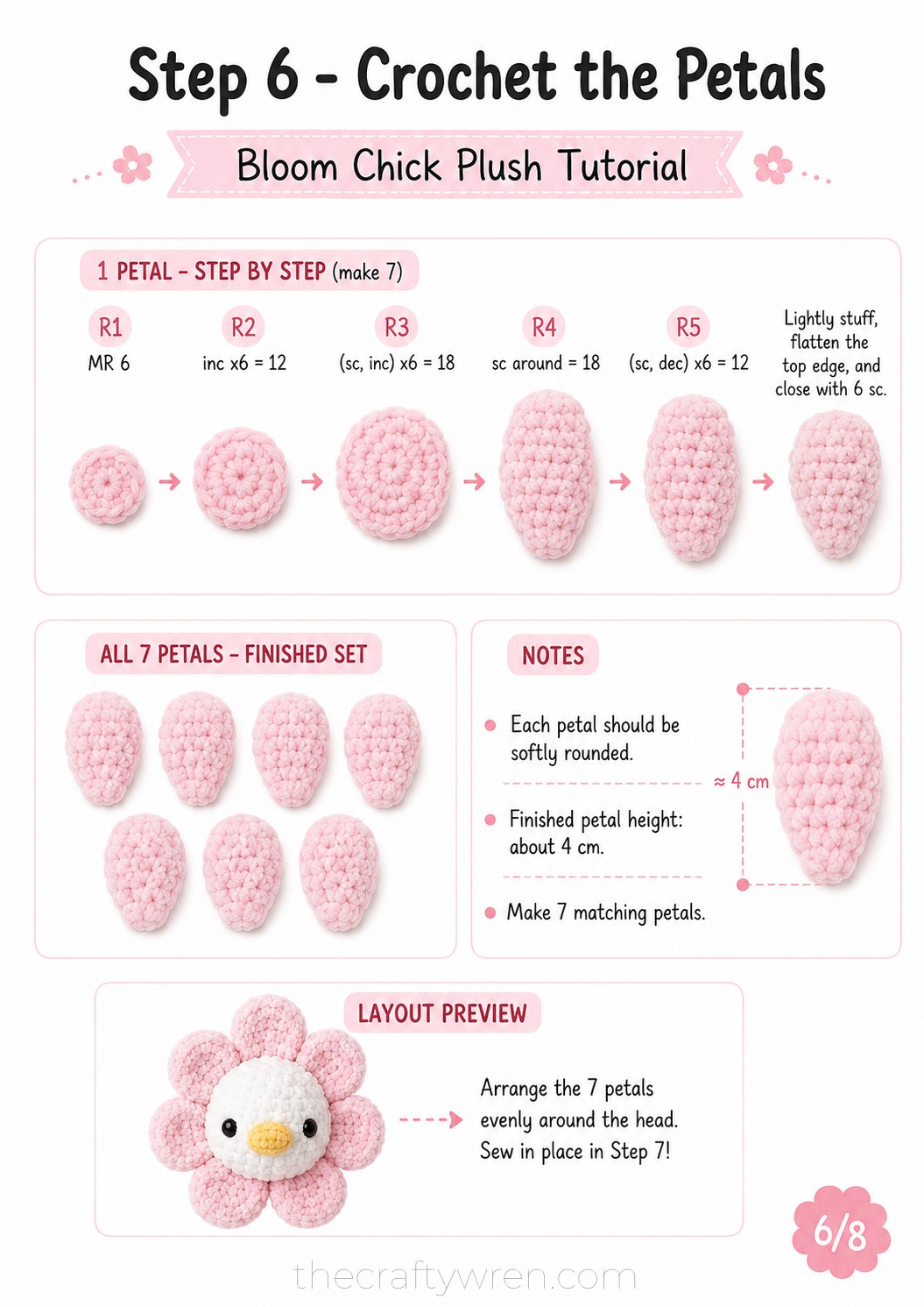 Seven soft pink petals lined up for the crochet flower duck amigurumi's blooming hood