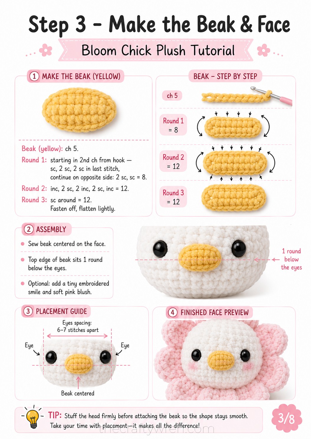 Yellow crocheted beak pieces and completed duck face for the flower duck amigurumi tutorial