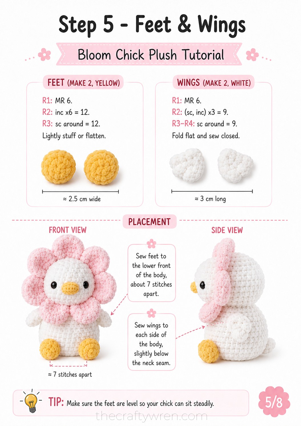 Tiny yellow feet and white wings ready to be stitched onto the flower duck amigurumi body
