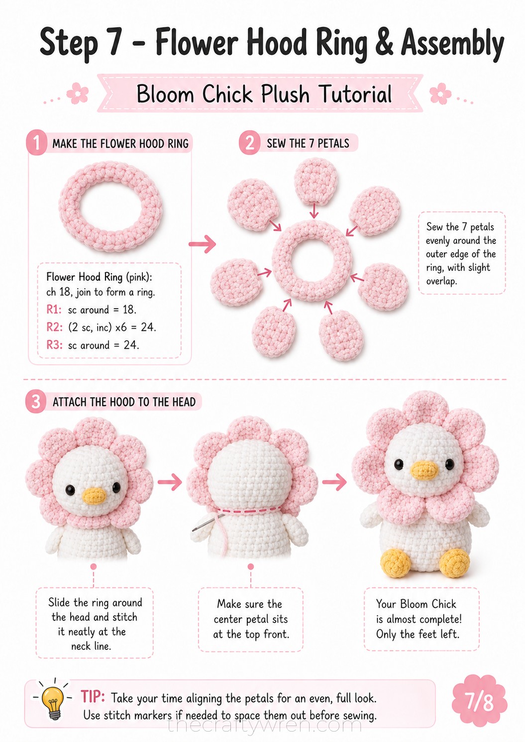 Pink petal hood ring being assembled and slid onto the head of the flower duck amigurumi