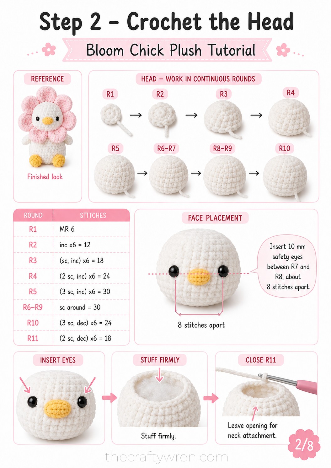 Six rounds of single crochet forming the rounded head of this crochet flower duck amigurumi pattern