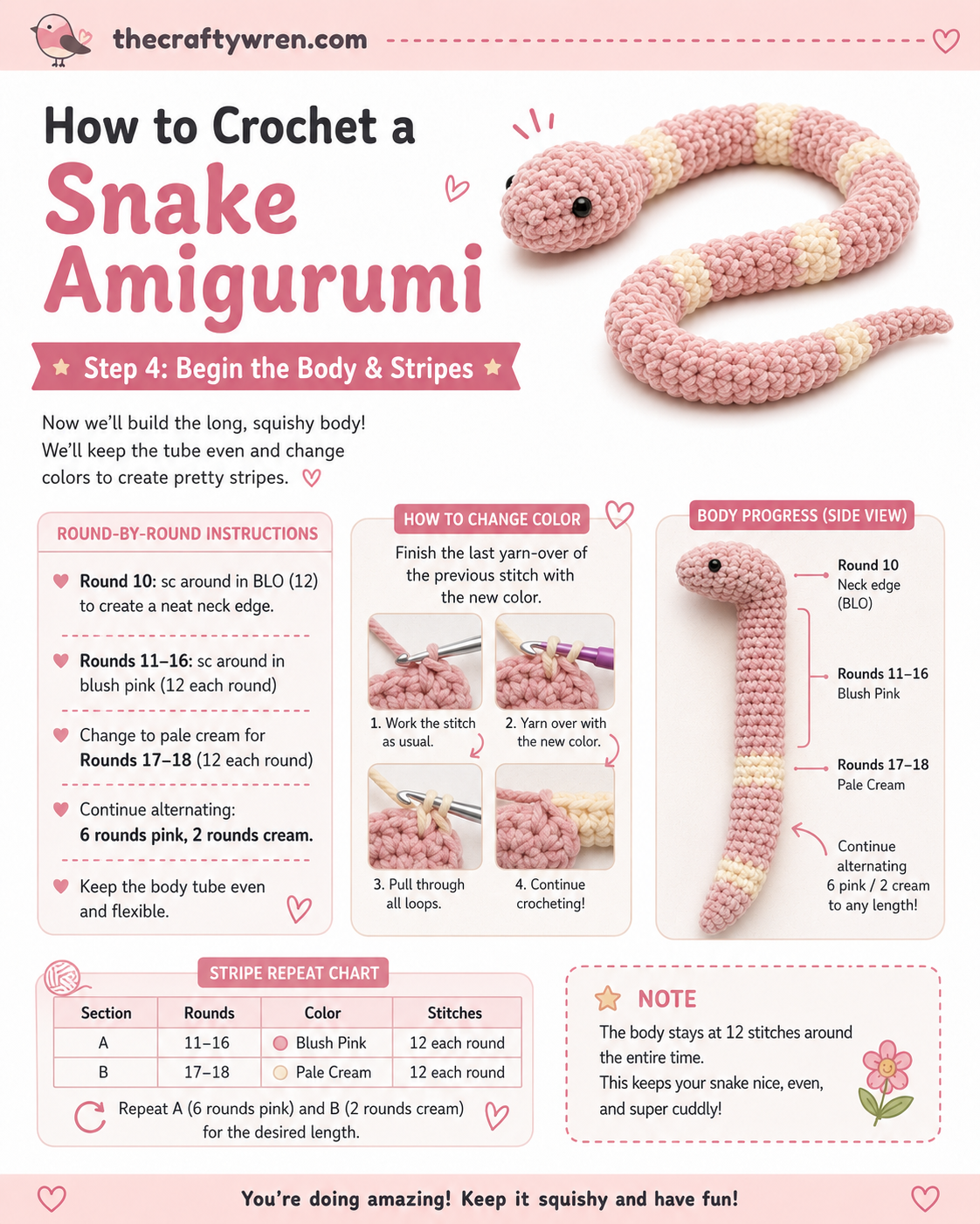 Color change from pink to cream marking the start of the striped body in this crochet snake amigurumi pattern.