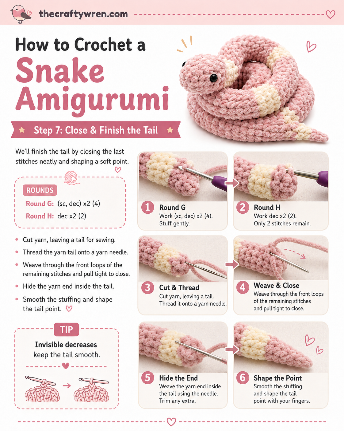Yarn needle weaving through final stitches to close the tapered tail of the crochet snake amigurumi pattern.