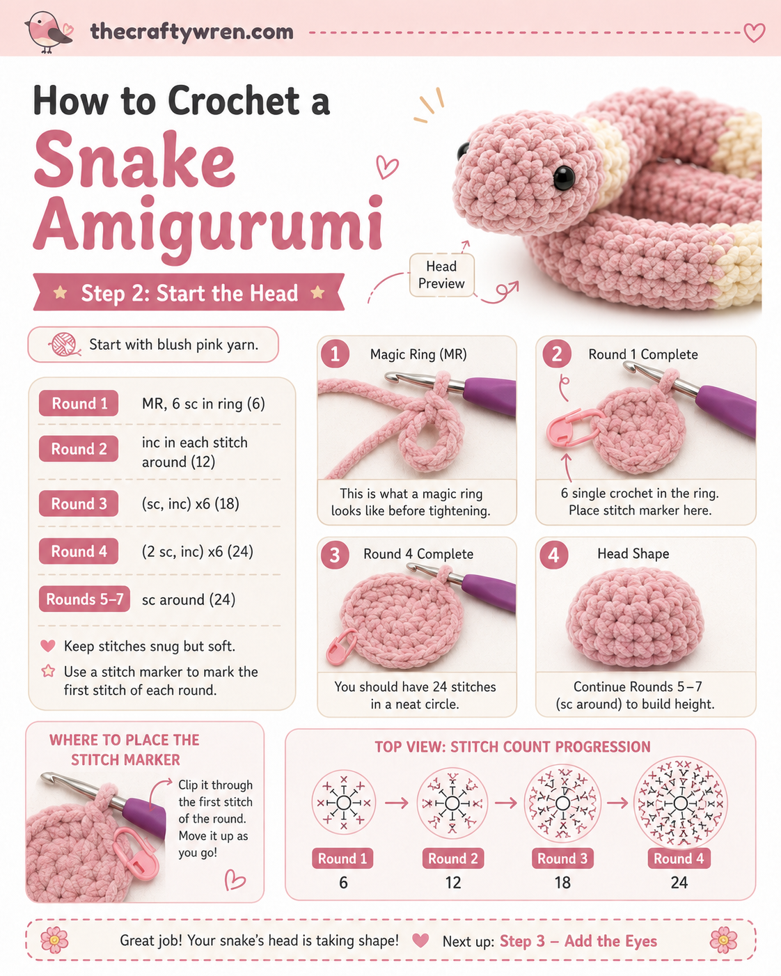 Hands working a magic ring and early rounds while starting the head in a crochet snake amigurumi pattern.
