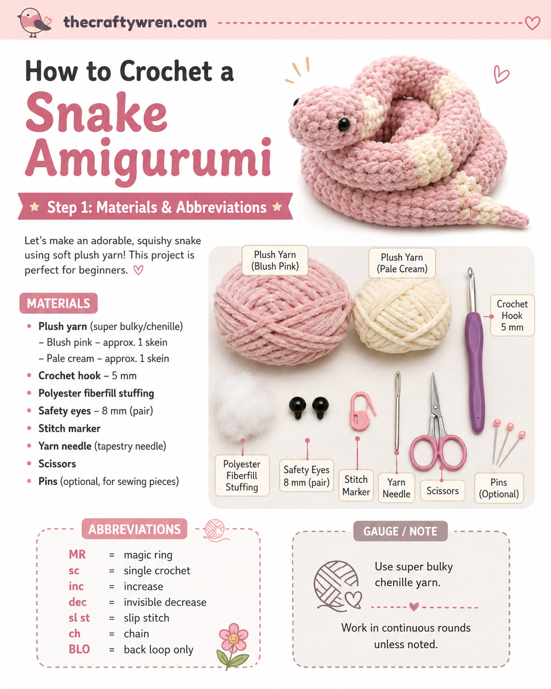 Flat lay of chenille yarn, hook, and stuffing needed for a crochet snake amigurumi pattern.