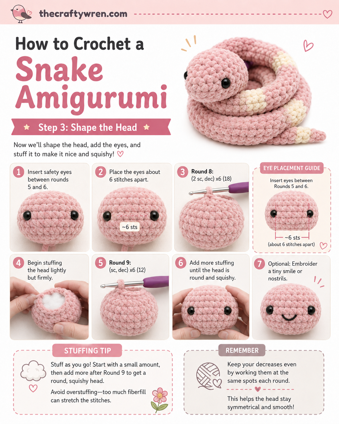 Safety eyes and fiberfill being added while shaping the rounded head for the crochet snake amigurumi pattern.