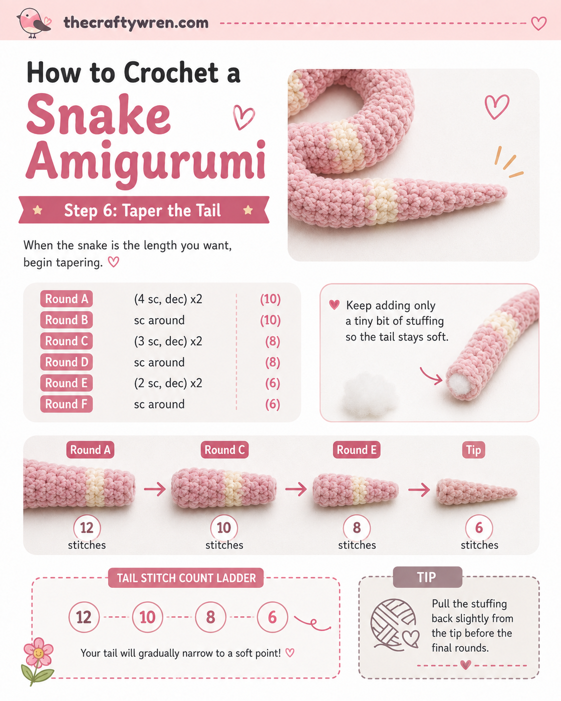 Tapering rounds narrowing stitch by stitch to shape the tail point in the crochet snake amigurumi pattern.