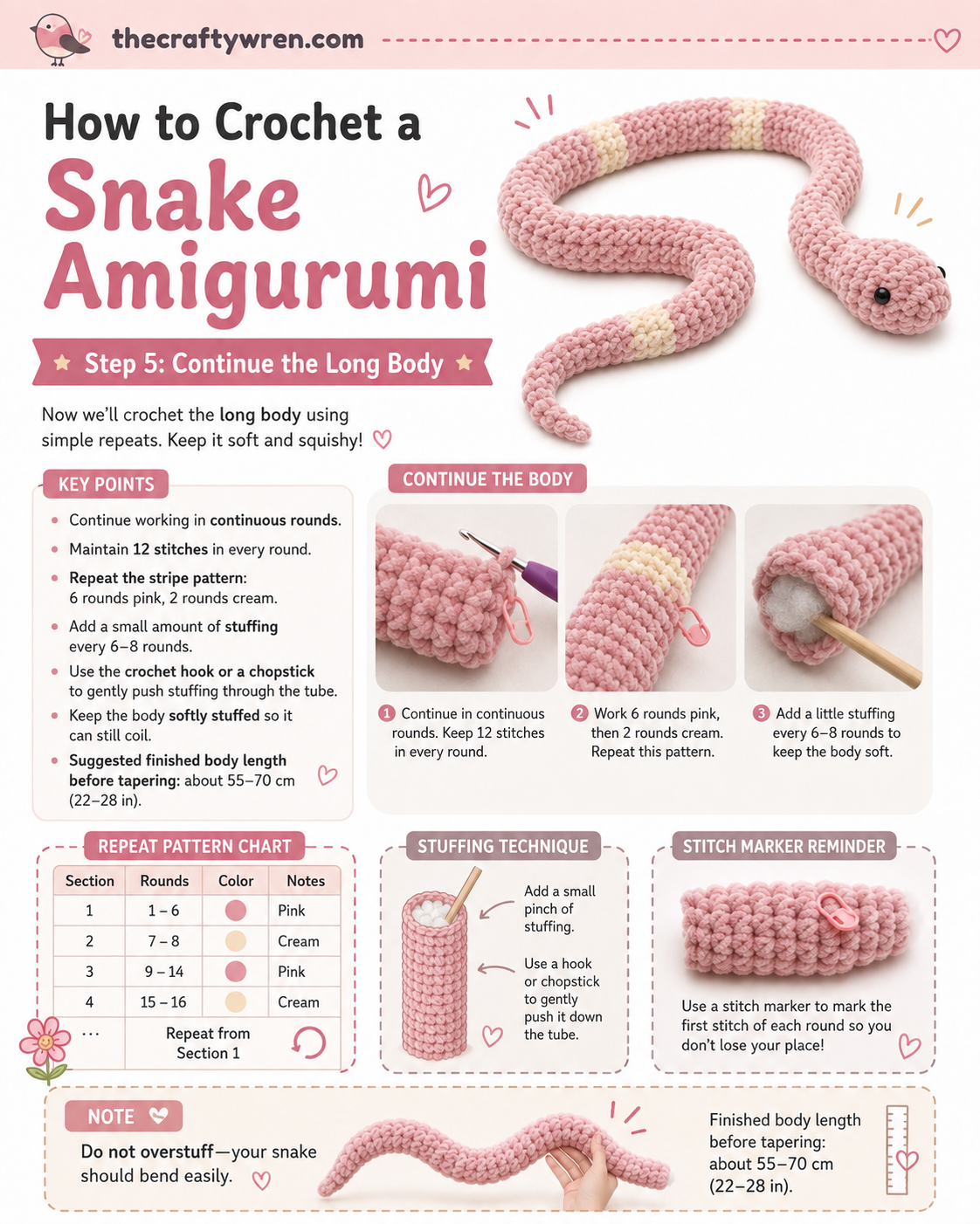 Long striped tube body being crocheted and stuffed following the crochet snake amigurumi pattern repeat chart.