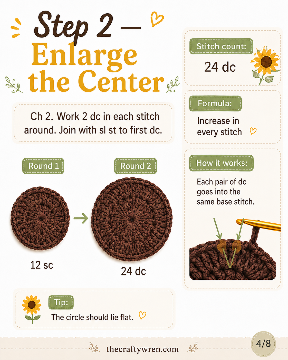 Brown center of the crochet sunflower coaster increased from 12 sc to 24 double crochet stitches