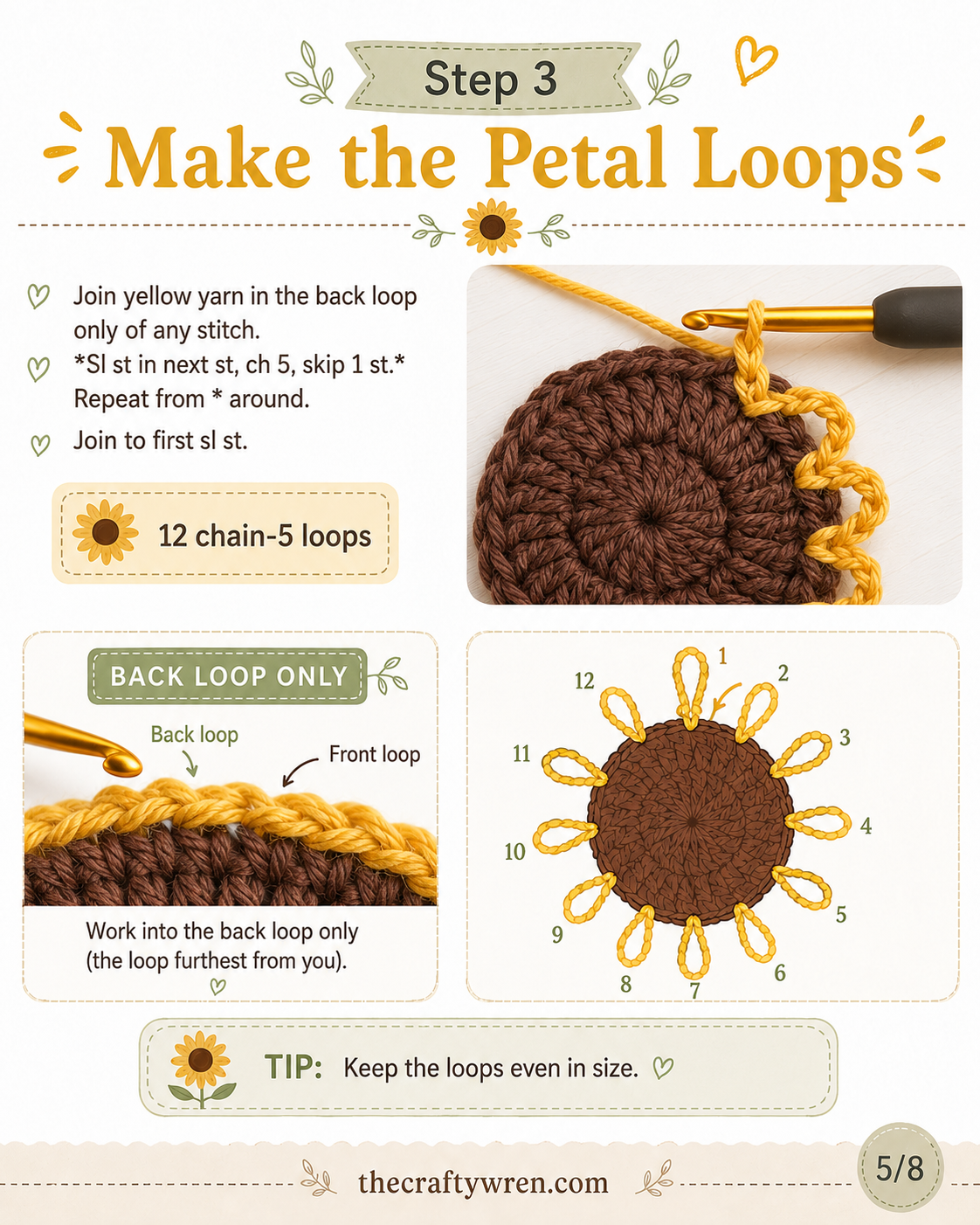 Yellow chain-5 petal loops worked into the back loop of the brown crochet sunflower center