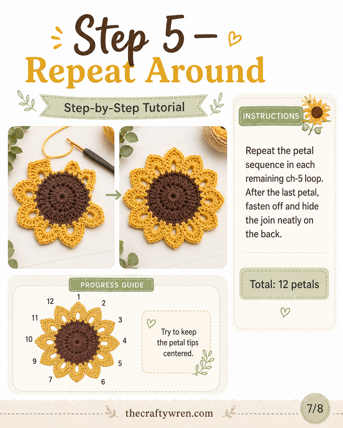 Progress shot showing the crochet sunflower coaster with petals repeated all the way around