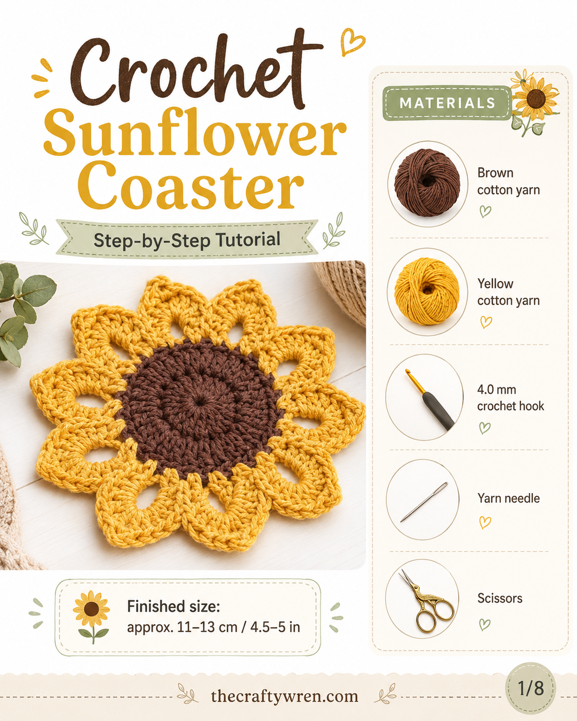 Materials laid out for a crochet sunflower coaster including brown and yellow cotton yarn and a hook