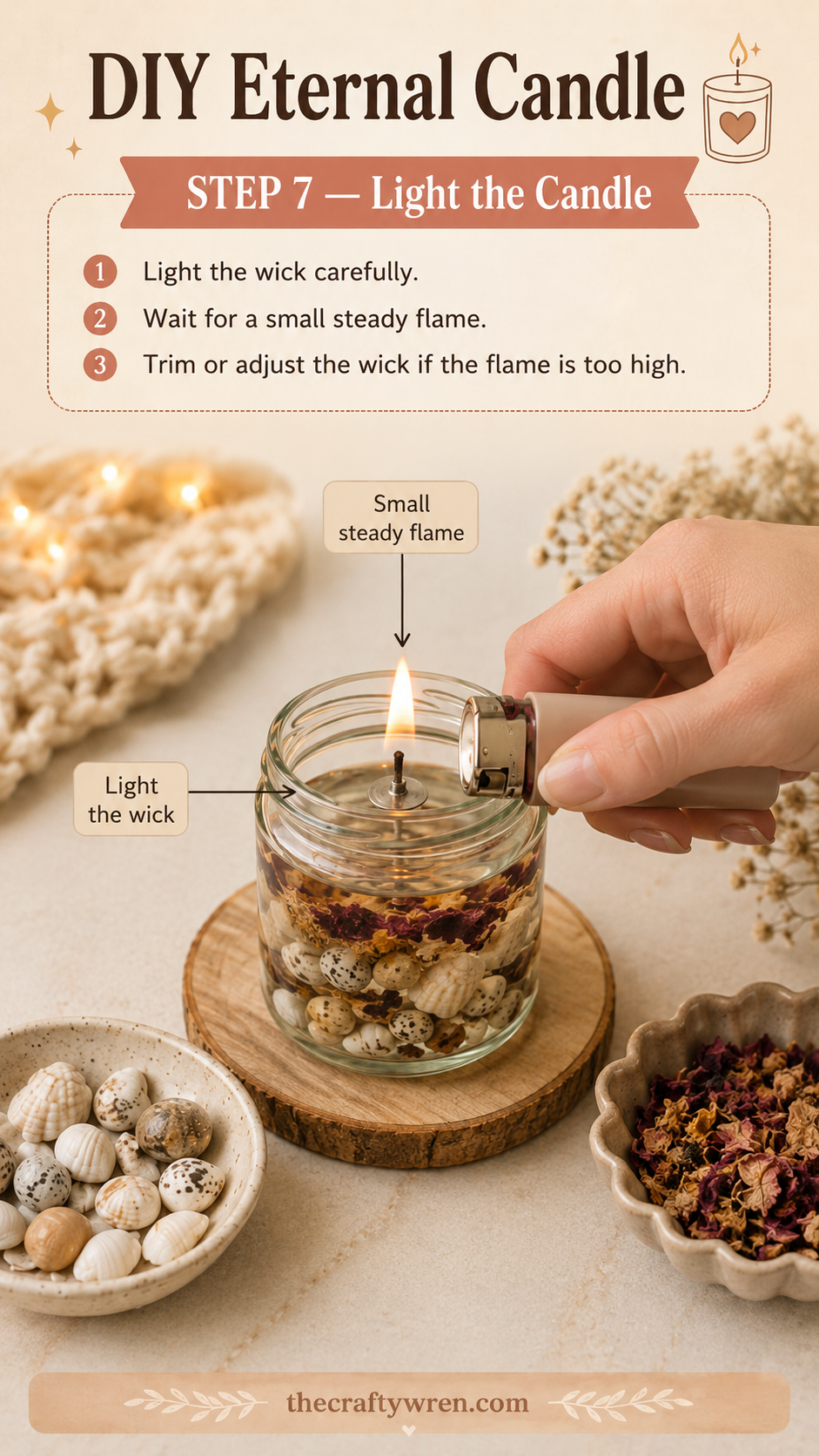 Lighting the floating wick with a small steady flame on a finished eternal candle jar