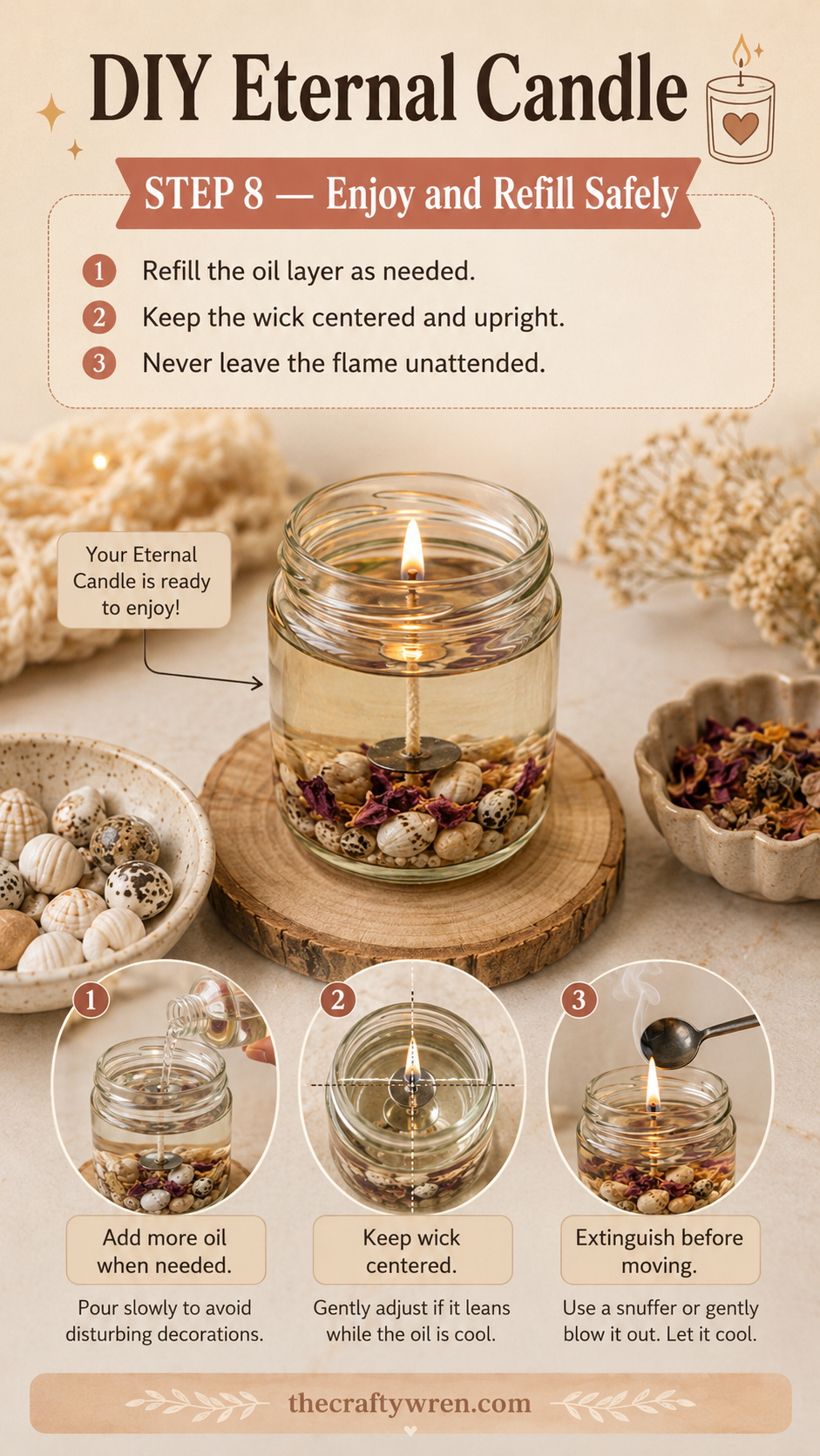 A glowing DIY eternal candle jar with shells and dried flowers visible through the glass