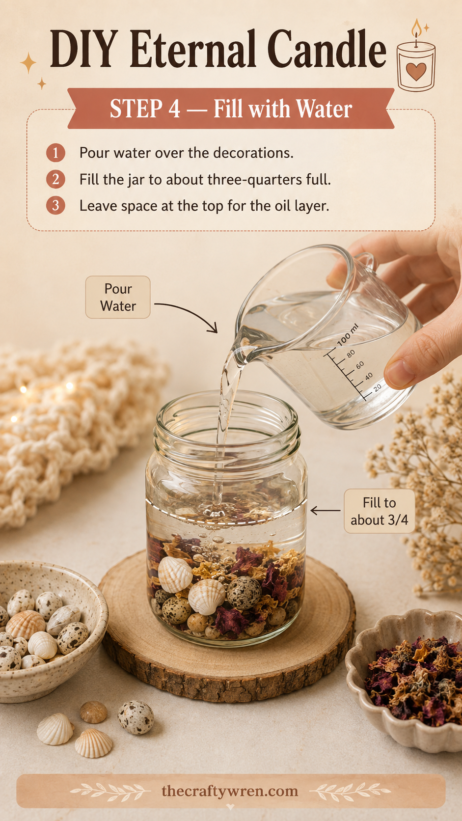 Pouring water over shells and petals while building a DIY eternal candle jar
