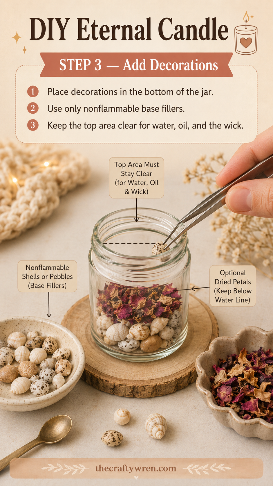Tweezers placing shells and dried petals into a jar for a DIY eternal candle jar base
