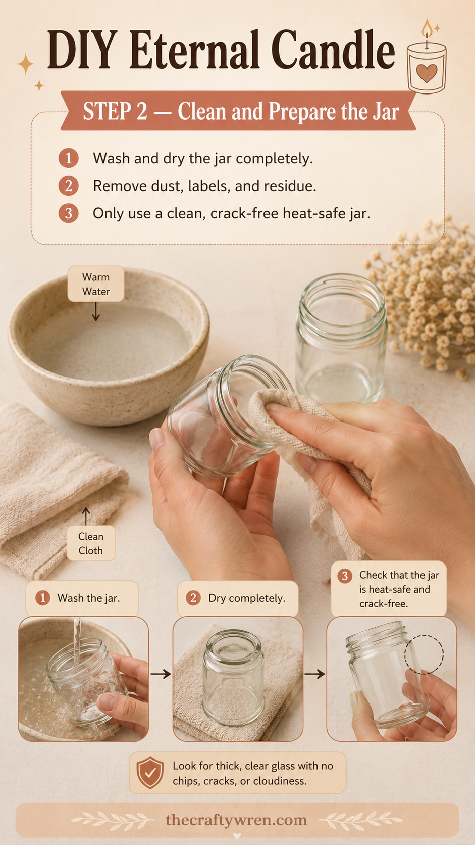 Hands washing and drying a glass jar in preparation for a DIY eternal candle jar