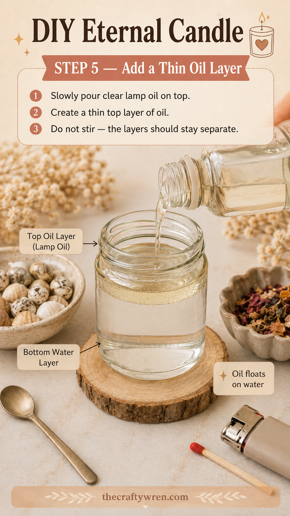 Slowly pouring clear lamp oil over water to form the fuel layer of an eternal candle jar