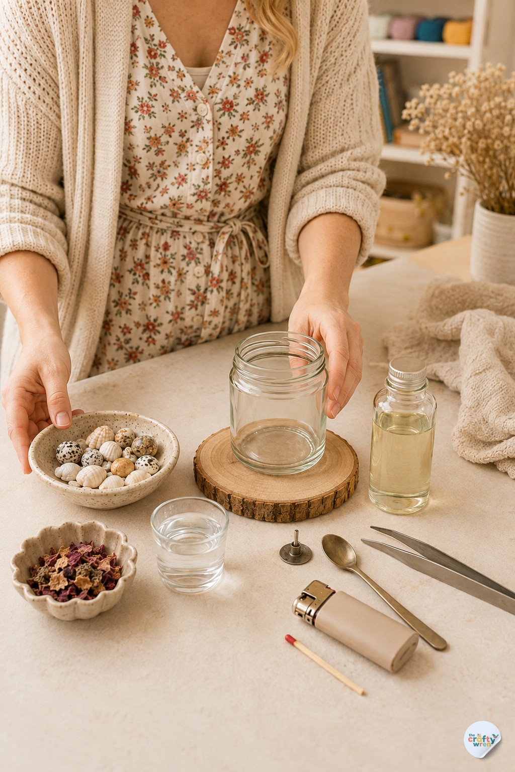 Wren laying out DIY eternal candle jar materials on a kitchen counter before starting
