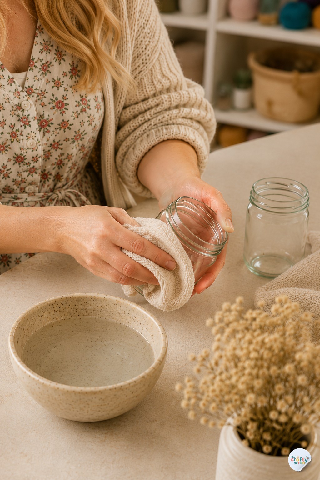 Wren drying a glass jar by hand while preparing it for a DIY eternal candle jar