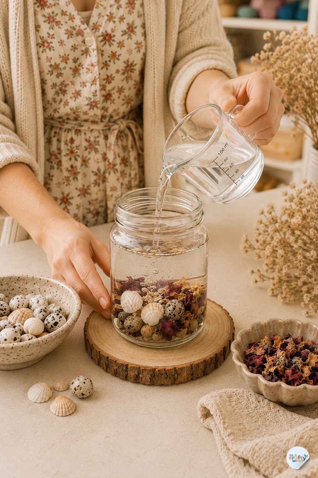 Wren pouring water over decorations while making a DIY eternal candle jar at home