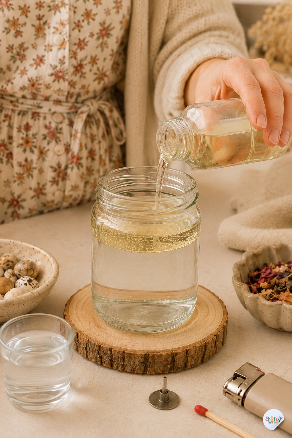 Wren pouring lamp oil to create a floating layer above water in a candle jar