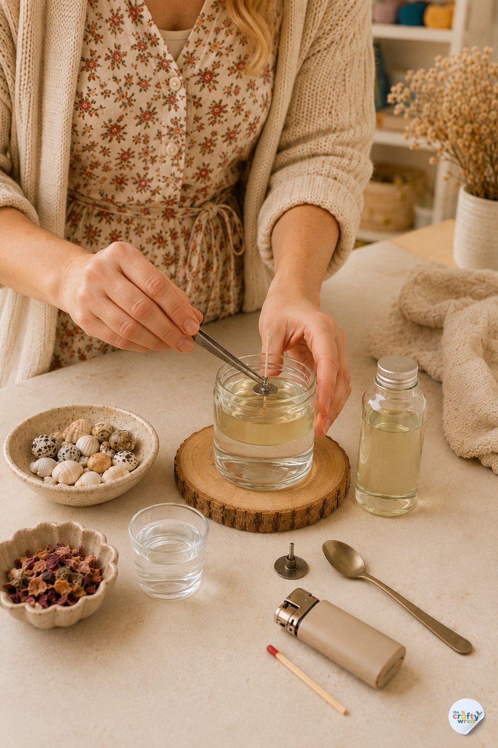 Wren centering a floating wick on the oil layer of a homemade eternal candle jar